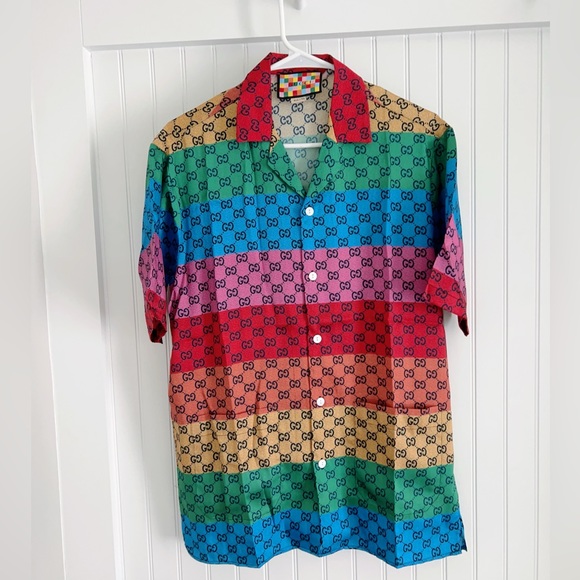 New Authentic Gucci GG Multicolor Short Sleeve Silk Shirt - Picture 2 of 9